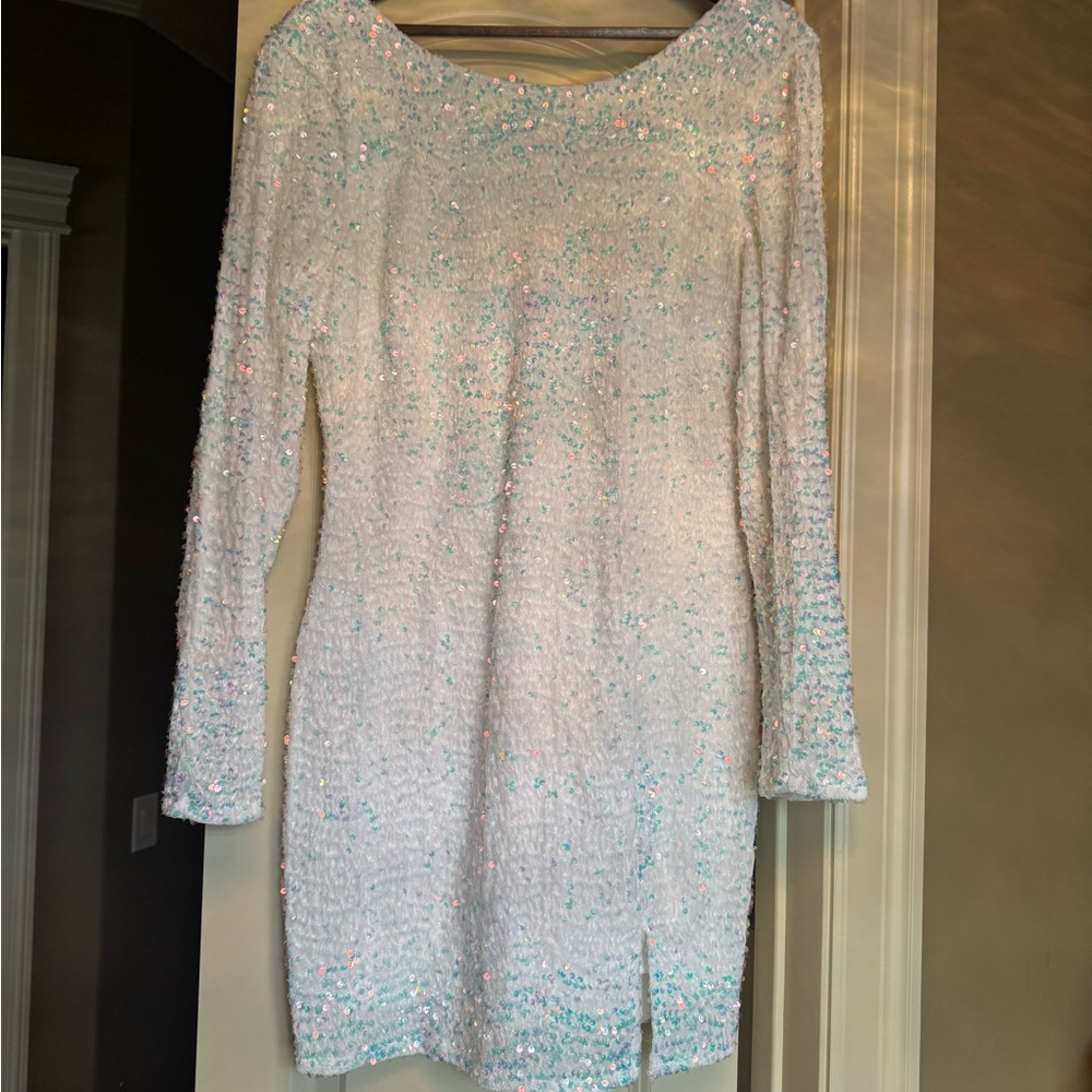 White Sequin Long Sleeve Cocktail Dress perfect for Bachelorette!!